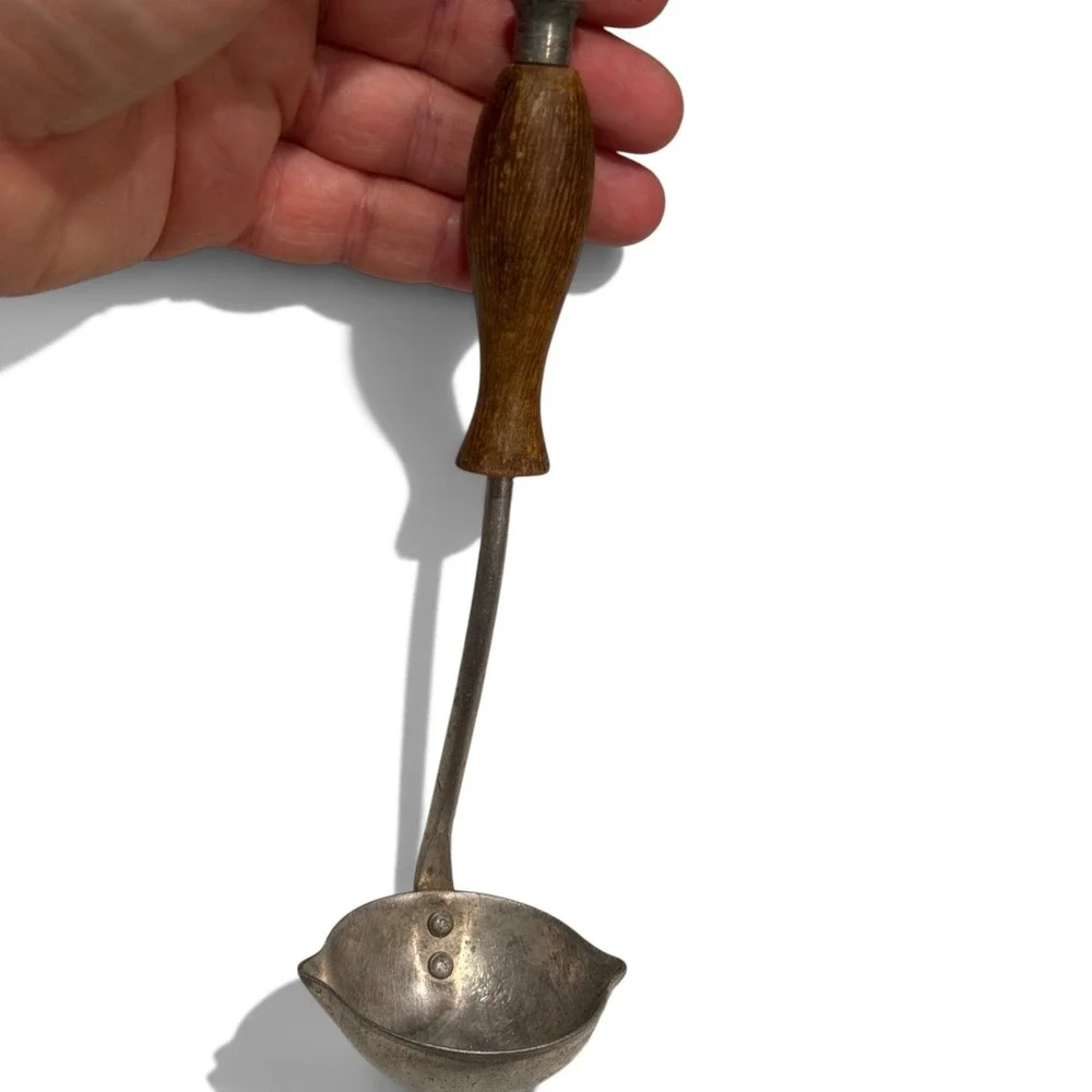Antique Ladle Double Spout Riveted Bowl Turned Wood Handle Primitive Farmhouse